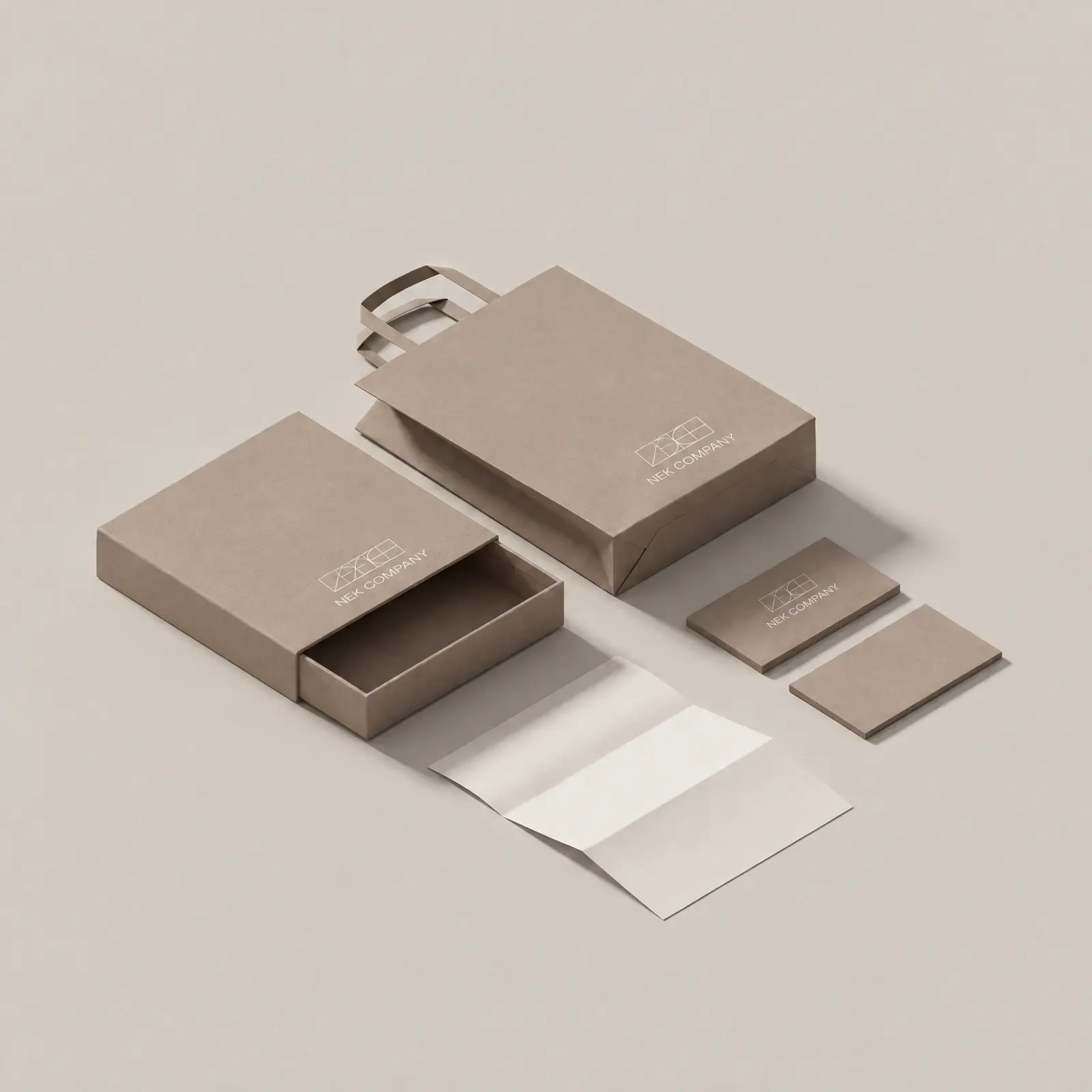 Caja, cajón y bolsa en greige · imagen de proyecto