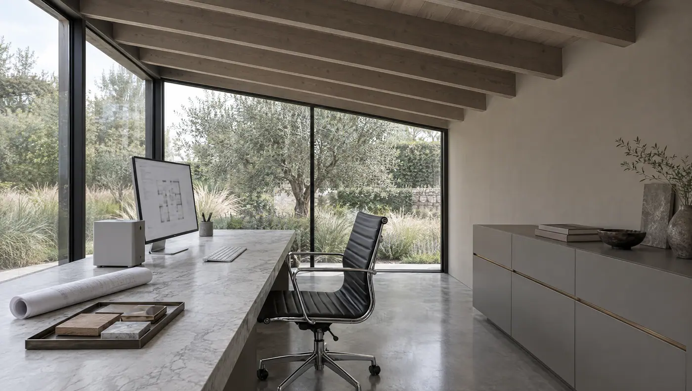 Dentro: mesa de piedra, vidrio y tonos grises · imagen de proyecto