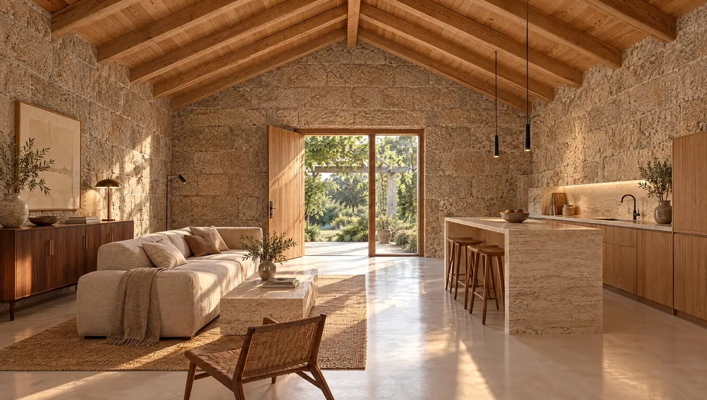 Salón y cocina bajo las vigas de roble · imagen de proyecto
