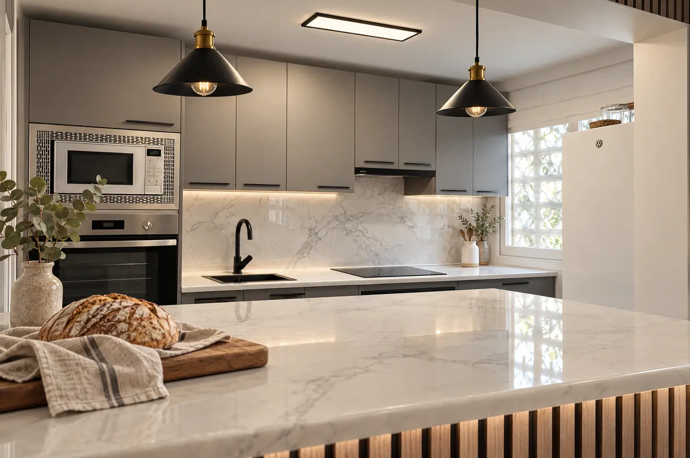 Cocina gris con isla de mármol, imagen de proyecto