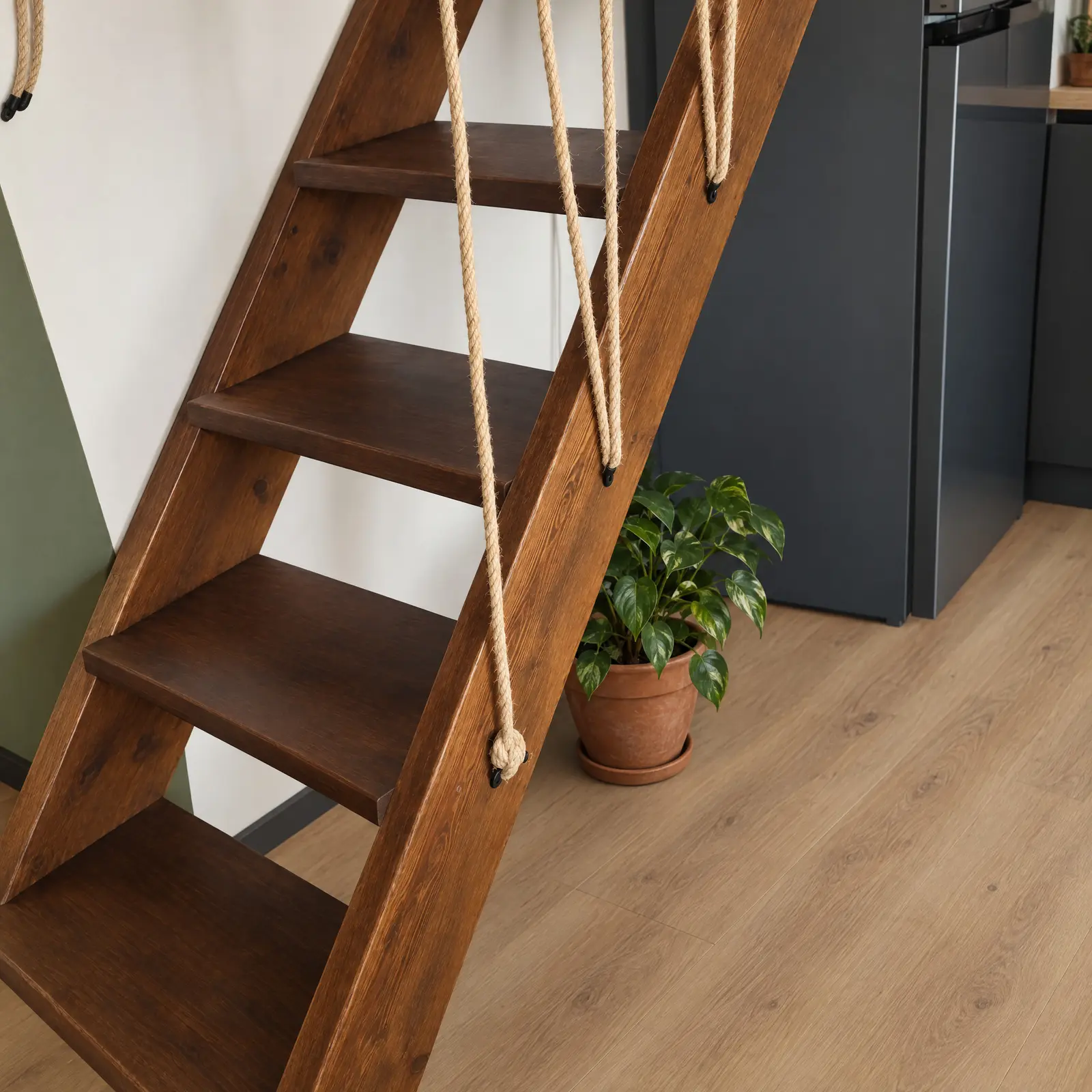 Escalera con barandilla de cuerda