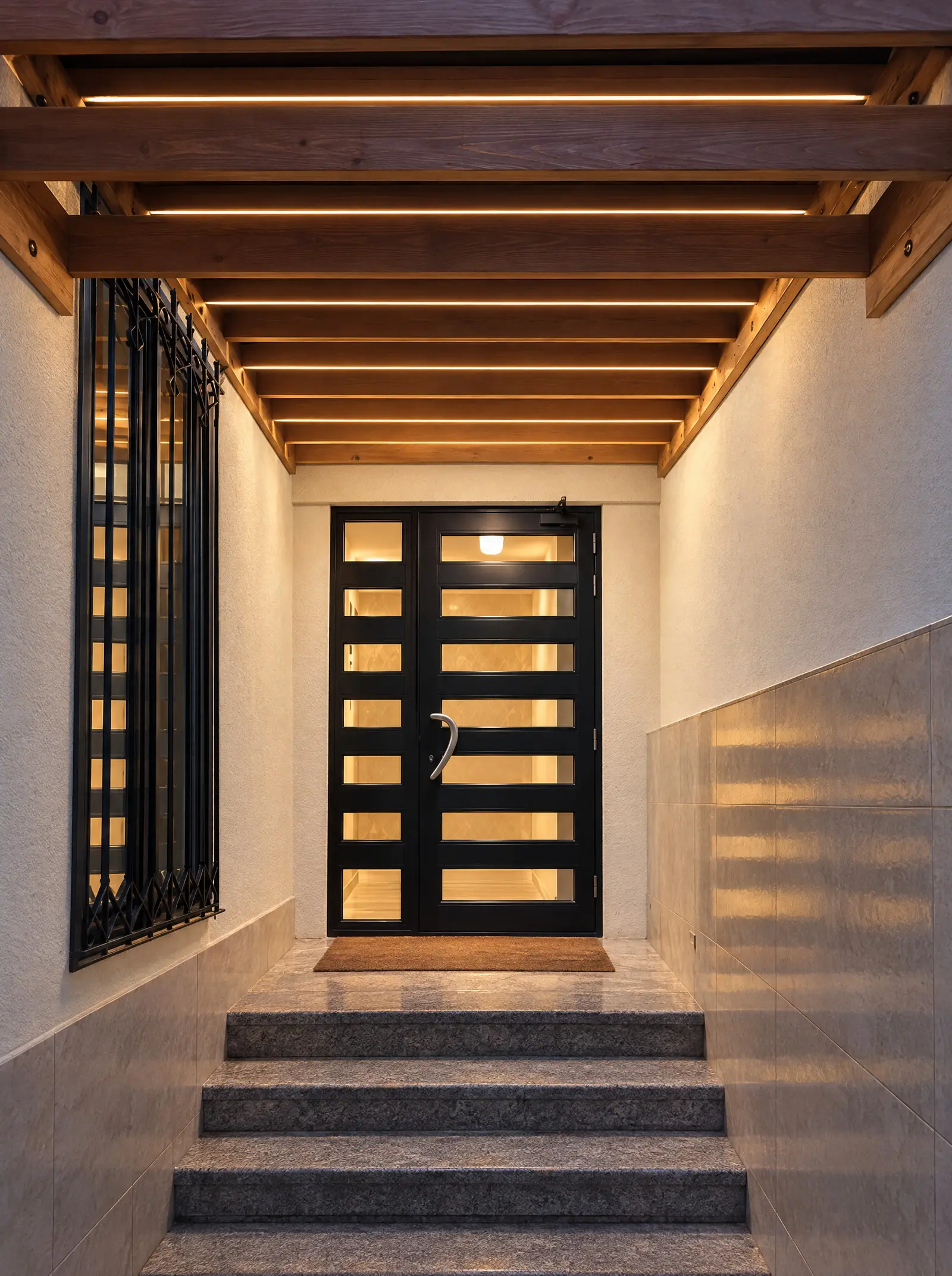 Pérgola de madera en la entrada de una vivienda